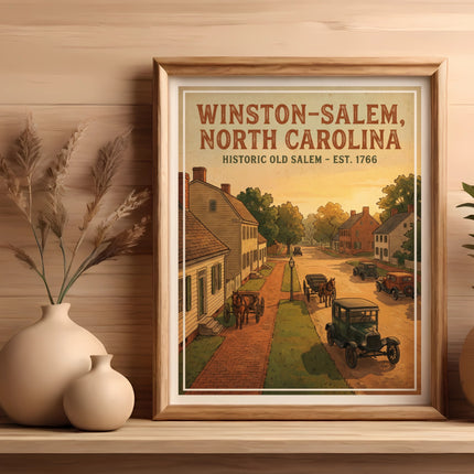 Framed art print of Winston-Salem, North Carolina, Historic Old Salem est. 1766.