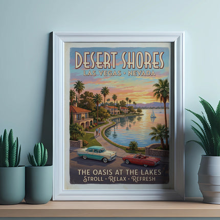 Desert Shores Las Vegas Nevada poster with retro cars and lake scene.