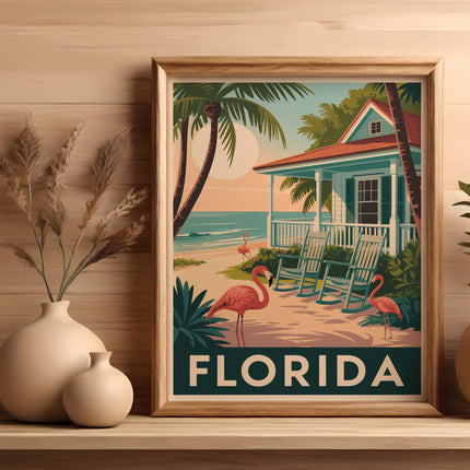 Framed art print of a Florida beach scene with flamingos and a bungalow.