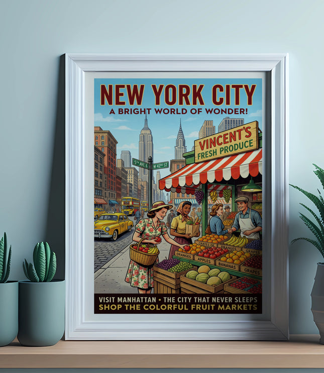 New York City vintage poster featuring Vincent's Fresh Produce fruit market and street scene.