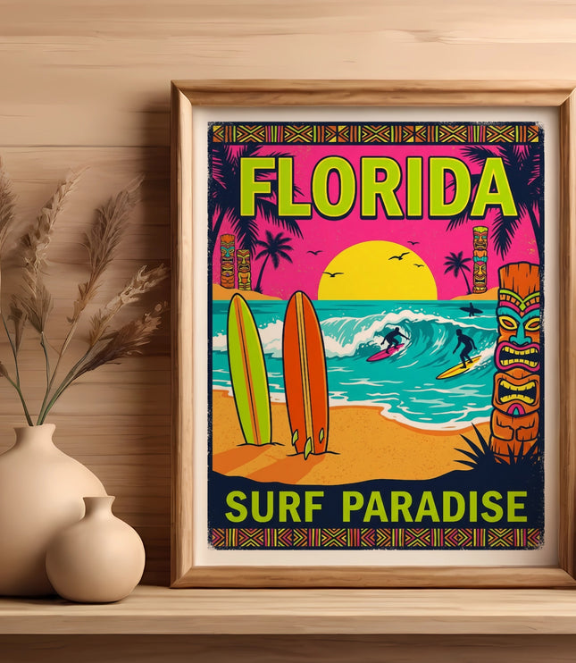 Florida Surf Paradise poster with surfboards, tiki, palm trees, and surfers.