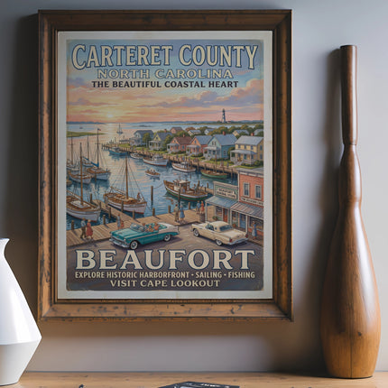 Vintage poster of Beaufort, North Carolina harborfront with boats and cars.