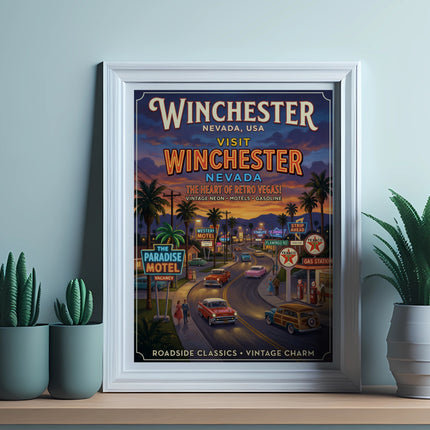 Vintage travel poster for Winchester, Nevada, featuring retro cars, motels, and a gas station.
