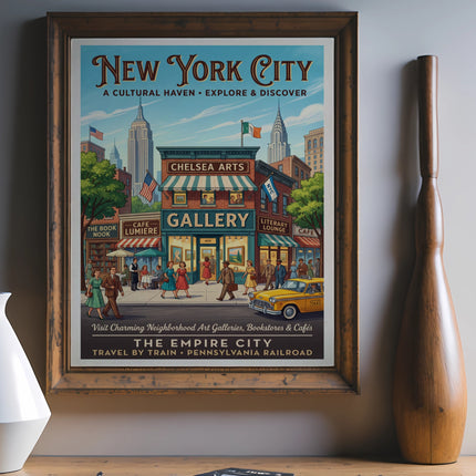 New York City gallery poster with vintage travel art and text.