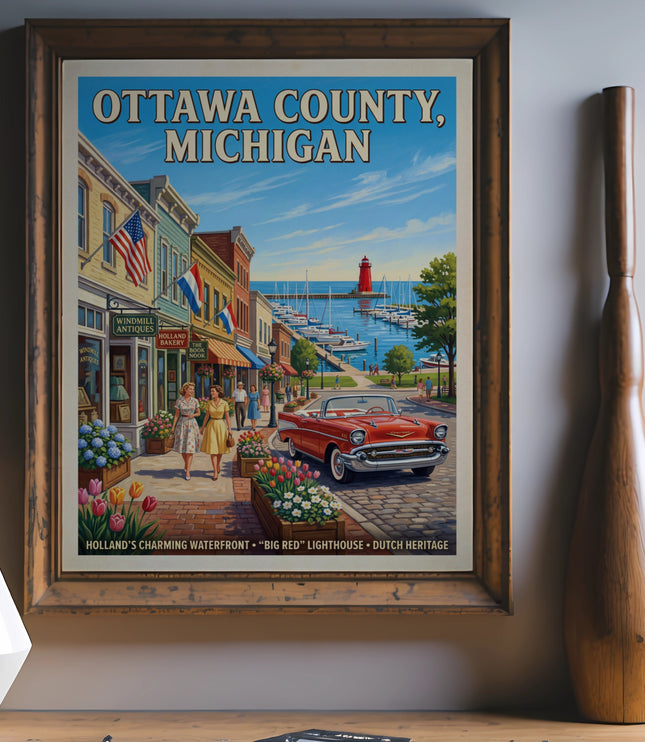 Artwork depicting Ottawa County, Michigan waterfront with lighthouse, shops, car, and people.