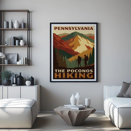 PENNSYLVANIA THE POCONOS HIKING poster with two hikers in mountains.