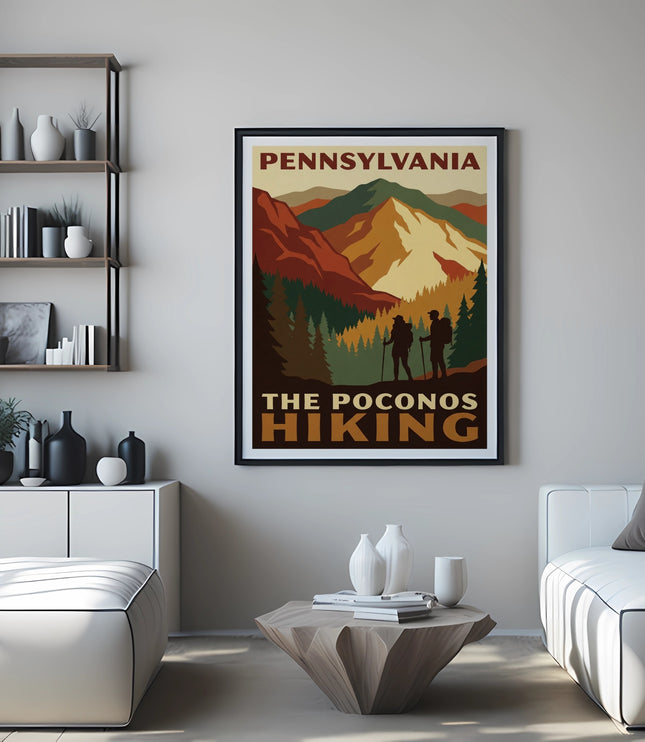 PENNSYLVANIA THE POCONOS HIKING poster with two hikers in mountains.