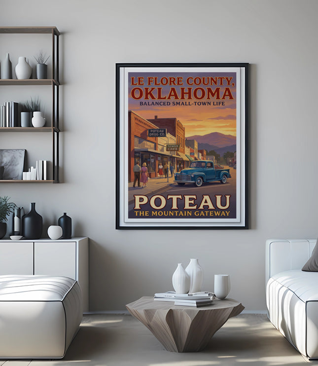 Vintage poster of Le Flore County, Oklahoma, with Poteau Drug Co. and Tower Cafe.