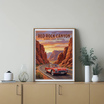 Vintage-style poster of a red car driving through Red Rock Canyon, Nevada landscape.