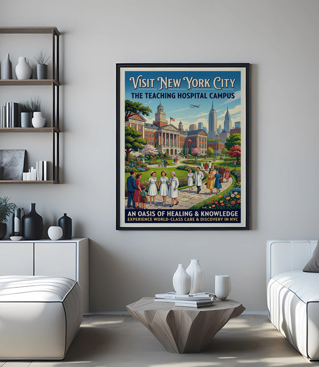 "Visit New York City" poster of a teaching hospital campus with people and skyline.