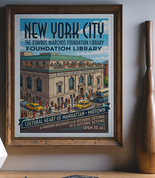 New York City Stavros Niarchos Foundation Library poster with illustration of building and people.