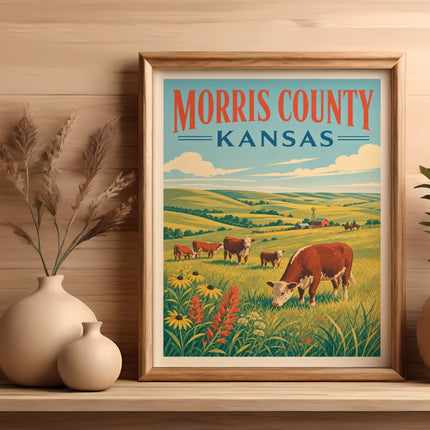 Vintage poster of cows grazing in a Kansas field, with "Morris County Kansas" text.