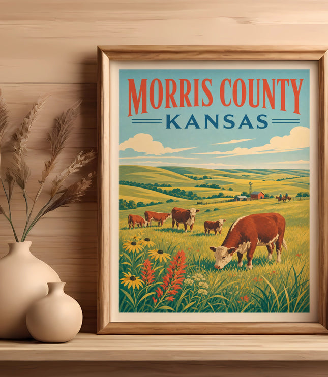 Vintage poster of cows grazing in a Kansas field, with "Morris County Kansas" text.