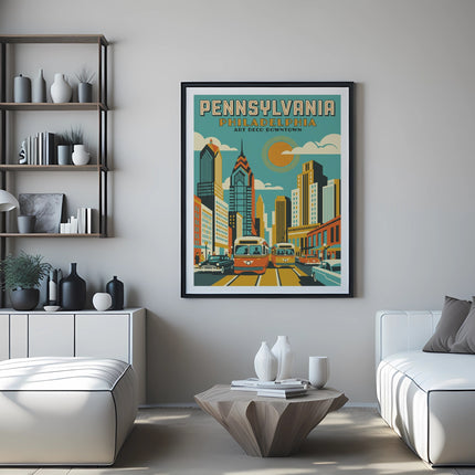 Pennsylvania, Philadelphia art print featuring a stylized cityscape with cars and buildings.