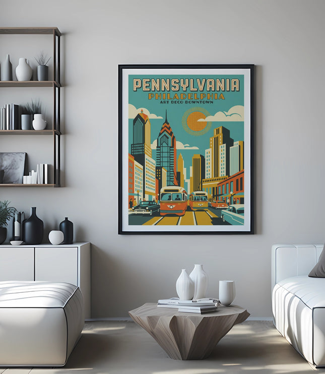 Pennsylvania, Philadelphia art print featuring a stylized cityscape with cars and buildings.