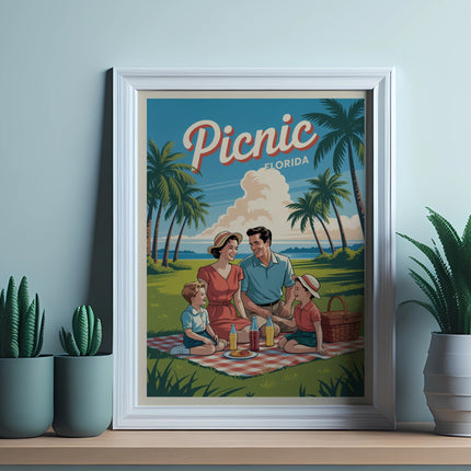 Vintage travel poster of a family picnic in Florida with palm trees.