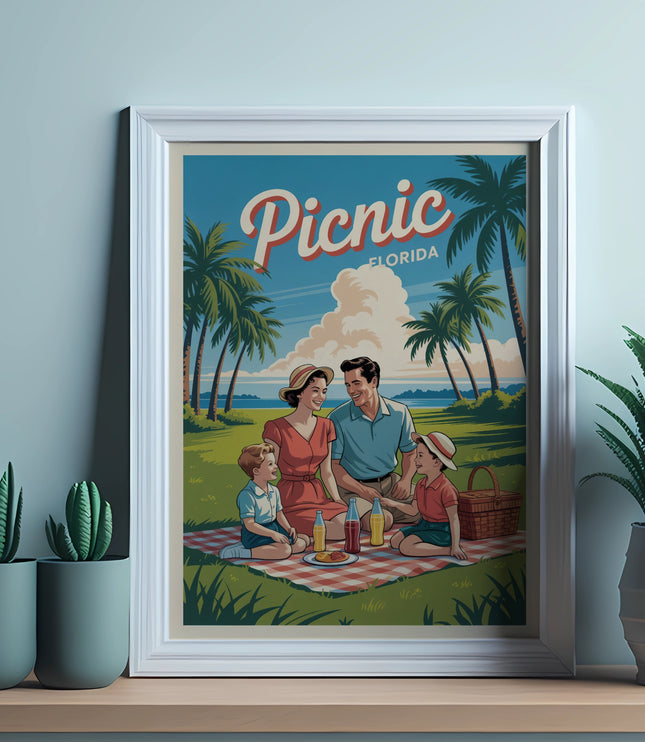Vintage travel poster of a family picnic in Florida with palm trees.