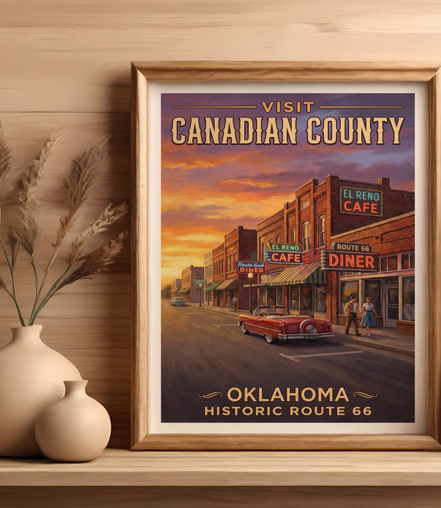 Vintage poster for Canadian County, Oklahoma, featuring El Reno Cafe and Route 66 Diner.
