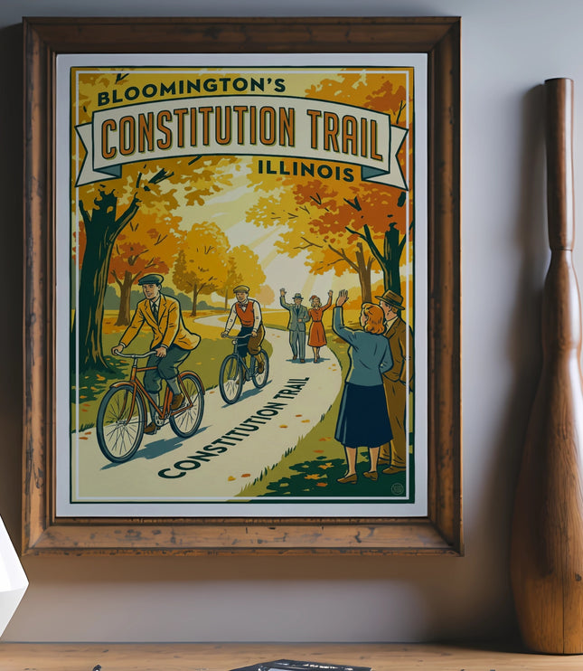 Vintage poster of Constitution Trail, Bloomington, Illinois, with people biking and waving.