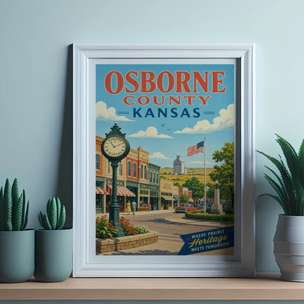 Poster of Osborne County, Kansas with vintage buildings and text.