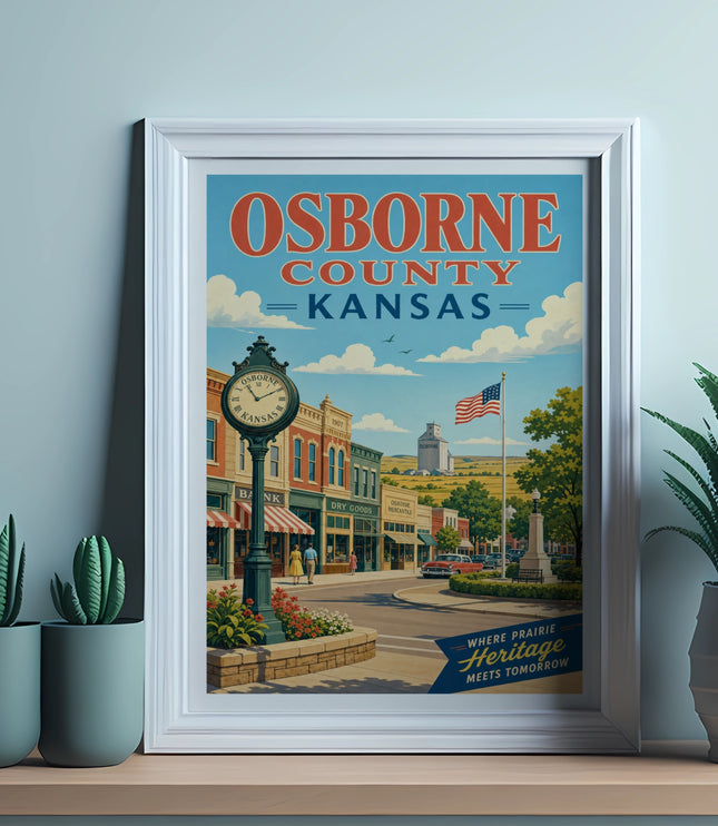 Poster of Osborne County, Kansas with vintage buildings and text.