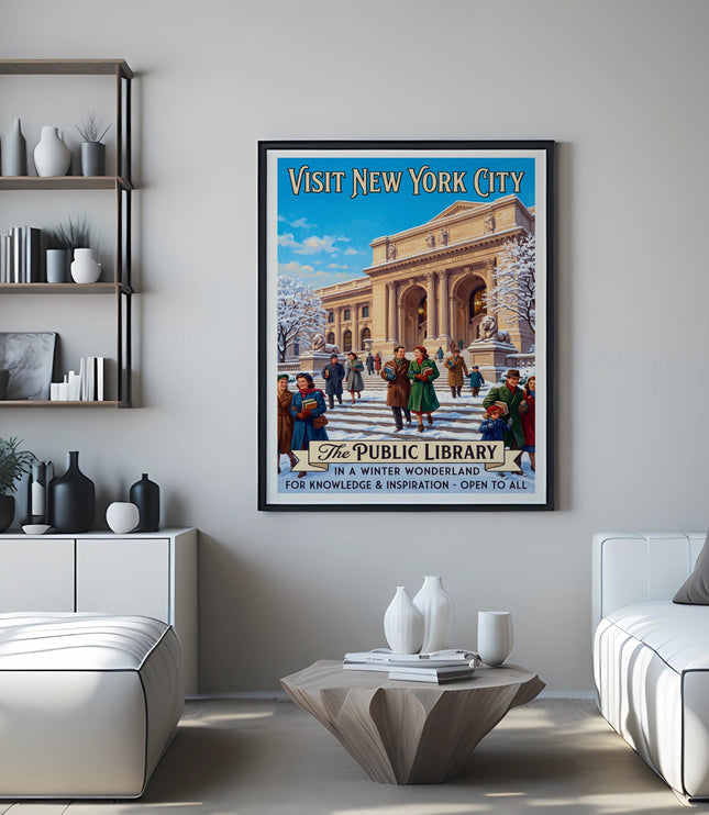 Vintage poster of New York Public Library in winter, featuring text "Visit New York City," "The Public Library," and "In A Winter Wonderland."