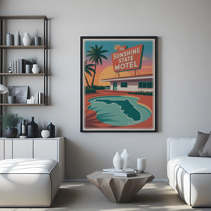 Retro motel sign with palm trees and pool, "The Sunshine State Motel" text.