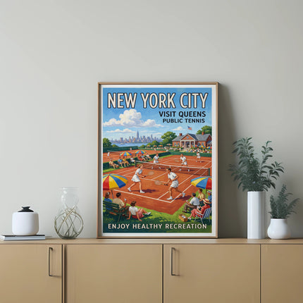 New York City tennis poster depicting people playing tennis in a park with "Visit Queens Public Tennis" text.