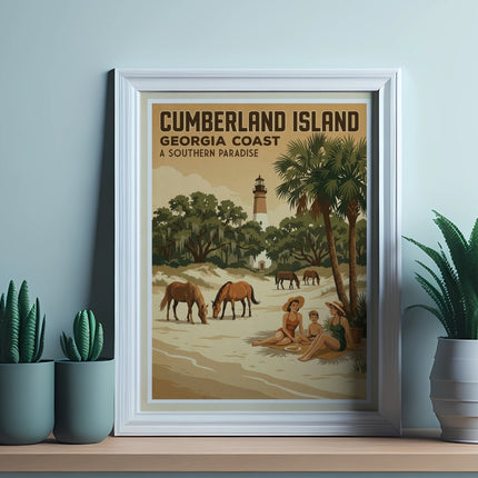 Cumberland Island beach scene with horses, lighthouse, and text.