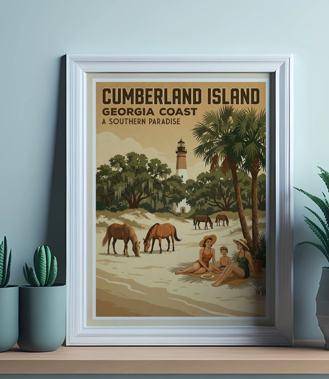 Cumberland Island beach scene with horses, lighthouse, and text.