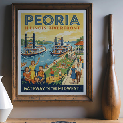 Poster of Peoria, Illinois Riverfront with steamboats and people.