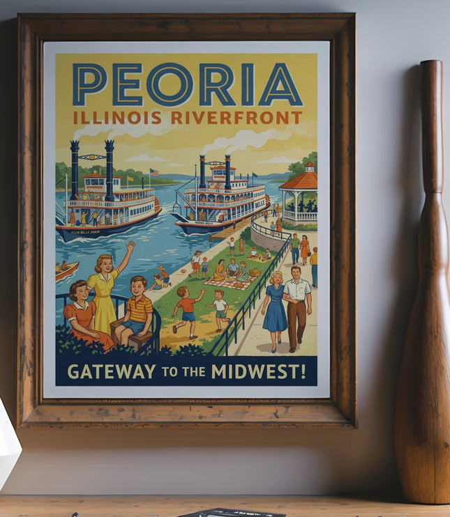 Poster of Peoria, Illinois Riverfront with steamboats and people.