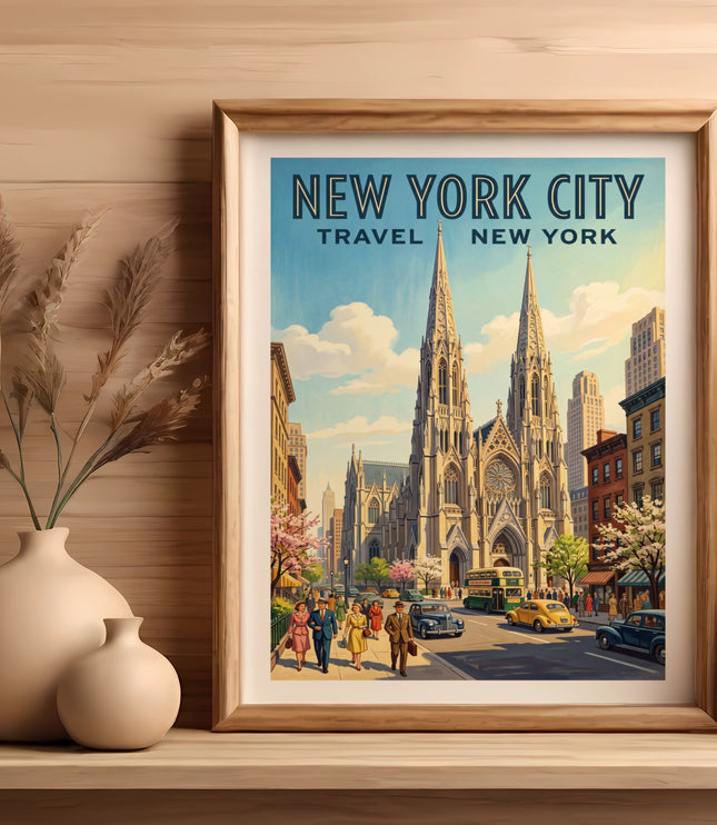 Vintage New York City travel poster featuring Saint Patrick's Cathedral and a street scene.