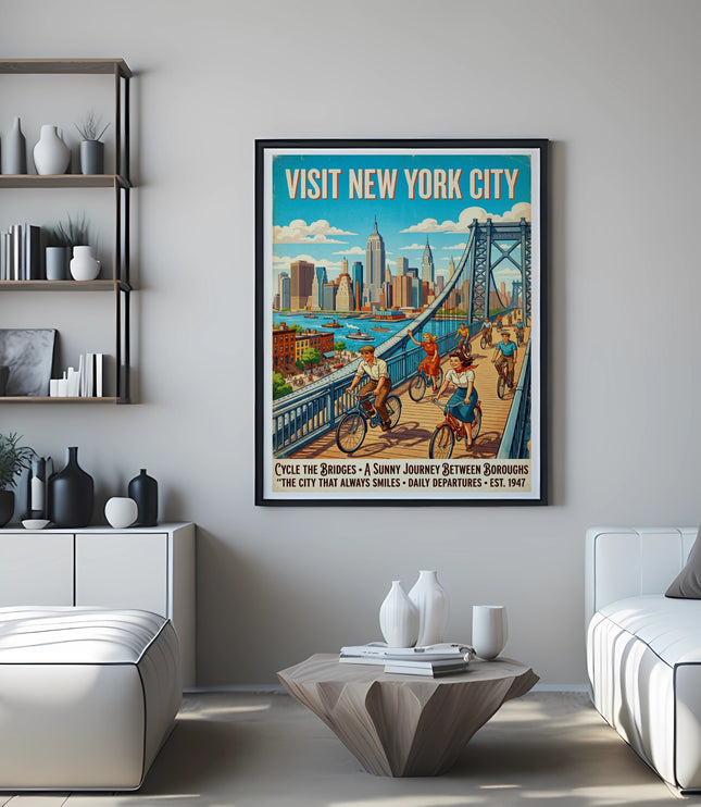 Framed vintage poster "Visit New York City" with cityscape and cyclists on a bridge.