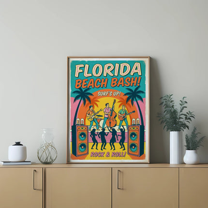 Florida Beach Bash Surf's Up Rock & Roll concert poster with band illustration.