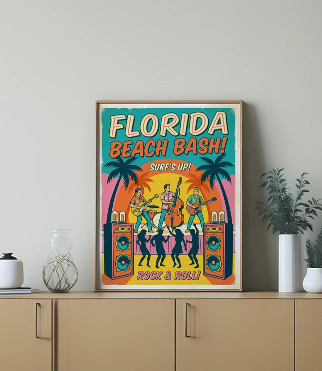 Florida Beach Bash Surf's Up Rock & Roll concert poster with band illustration.