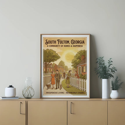 Retro poster for South Fulton, Georgia showing people and dogs in a charming neighborhood.