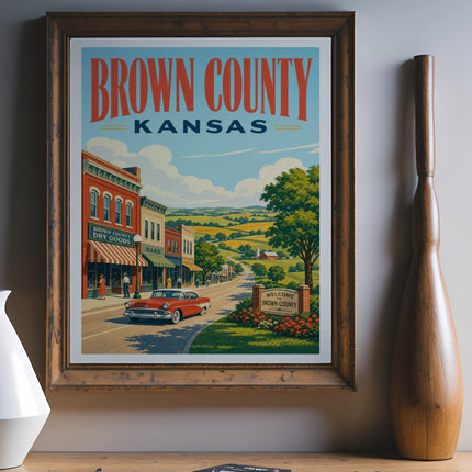 Retro Brown County Kansas travel poster with vintage car and town scene.
