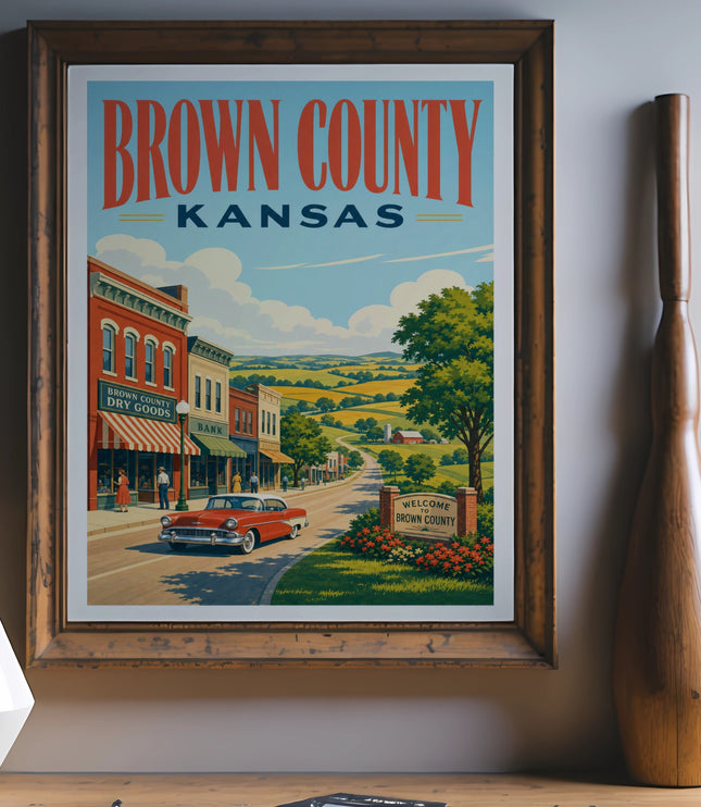 Retro Brown County Kansas travel poster with vintage car and town scene.