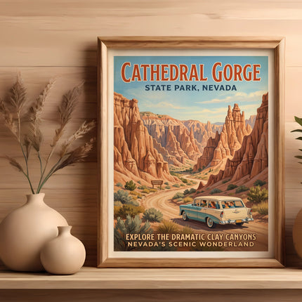 Cathedral Gorge State Park Nevada poster featuring clay canyons, vintage car, and text.