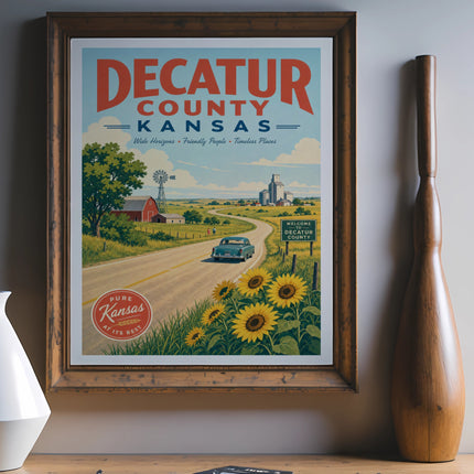 Decatur County, Kansas travel poster with sunflowers and farm scene.
