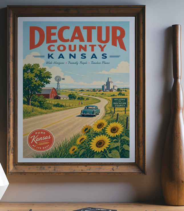 Decatur County, Kansas travel poster with sunflowers and farm scene.