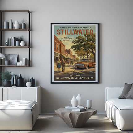 Stillwater, Oklahoma vintage travel poster, featuring downtown and EST. 1890 Balanced Small-Town Life.