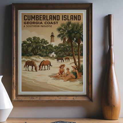Vintage travel poster of Cumberland Island, Georgia coast with lighthouse, horses, and beachgoers.
