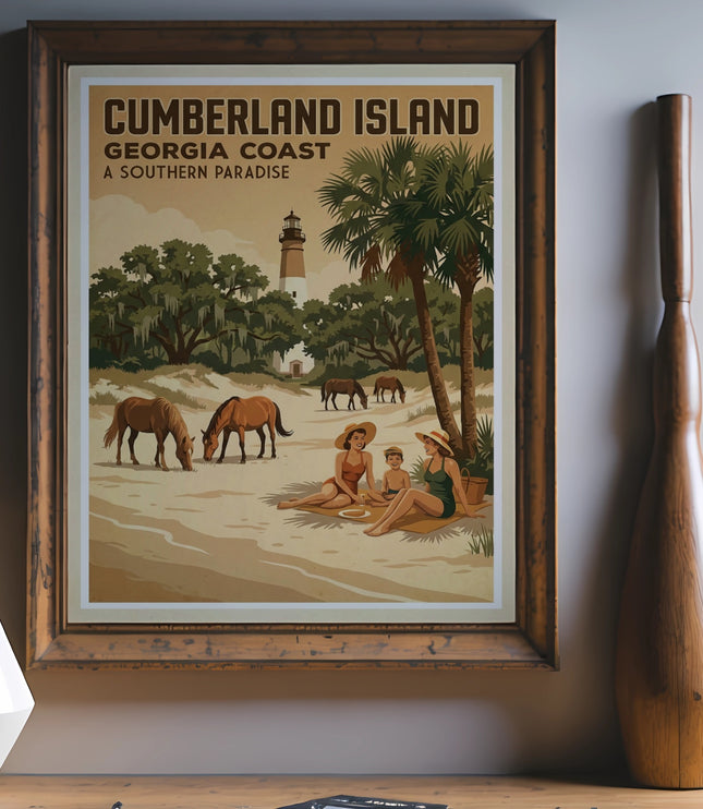 Vintage travel poster of Cumberland Island, Georgia coast with lighthouse, horses, and beachgoers.