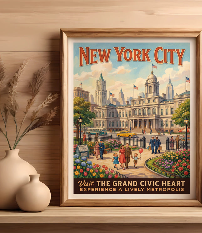 New York City poster with civic buildings, people walking, and text "Visit the Grand Civic Heart".