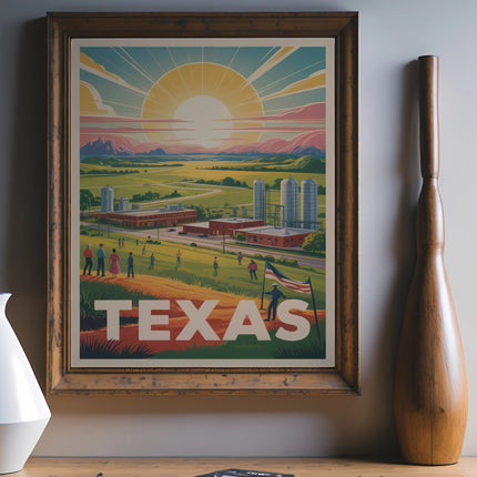 Texas landscape illustration with buildings and sun, framed poster.