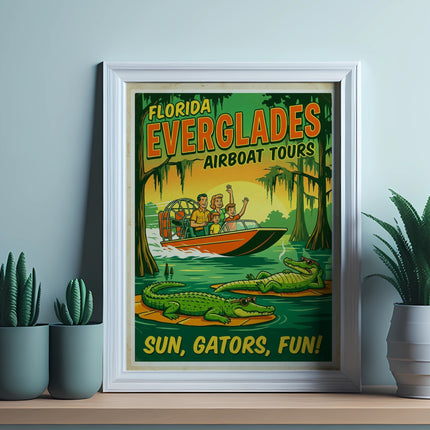 Florida Everglades airboat tours poster with alligators and people on boat.