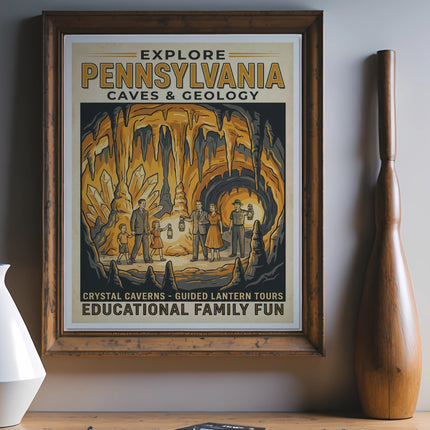 Vintage poster for Pennsylvania caves and geology with family exploring.