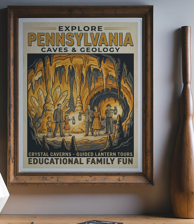 Vintage poster for Pennsylvania caves and geology with family exploring.